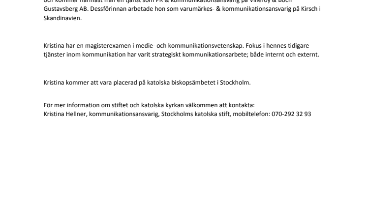 Kristina Hellner ny kommunikationsansvarig på Stockholms katolska stift