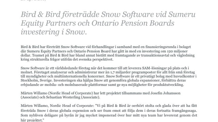 Bird & Bird företrädde Snow Software vid Sumeru Equity Partners och Ontario Pension Boards investering i Snow