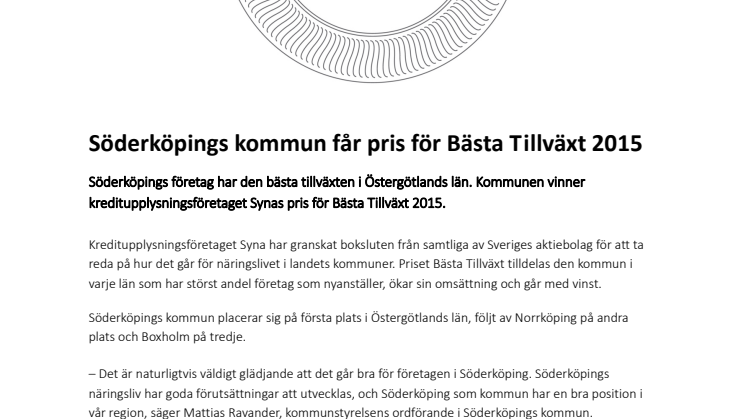 Söderköpings kommun får pris för Bästa Tillväxt 2015