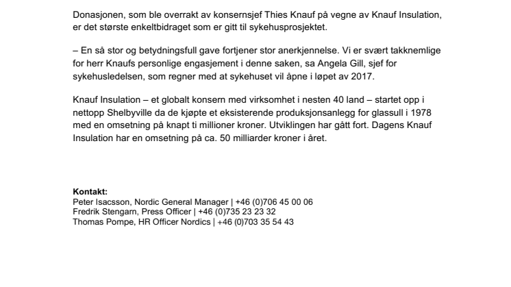 Stor donasjon til sykehusprosjekt 
