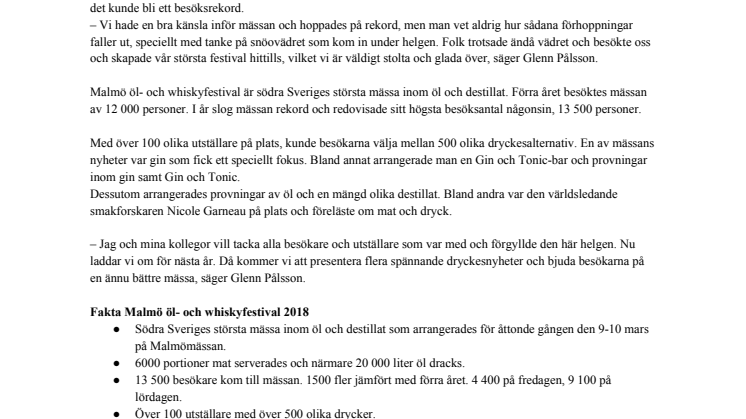 Besöksrekord för Malmö öl- och whiskyfestival 2018 – 13 500 besökare drack 20 000 liter öl