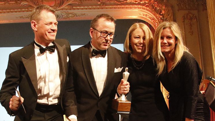 Anders Fryxell, vd Azets Insight, Årets CFO Magnus Bengtsson från Reitan Convenience, Anne Nordberg, CFO McDonalds och Helena Lustig, försäljningschef Azets Insight på Frannygalan den 25 mars.