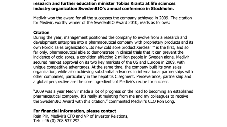 Medivir - Winner of Sweden BIO Award 2010
