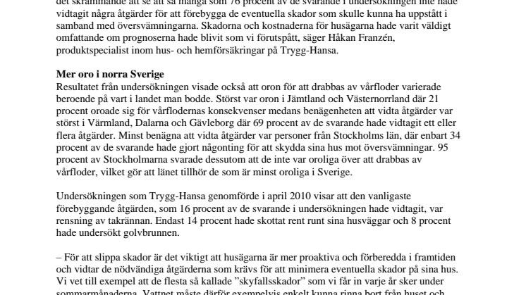 Tre av fyra svenskar vidtar ej åtgärder för att skydda sig mot översvämningar