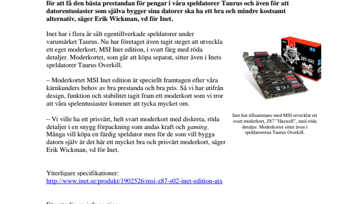 Ny satsning på vassa speldatorer – Inet lanserar eget moderkort