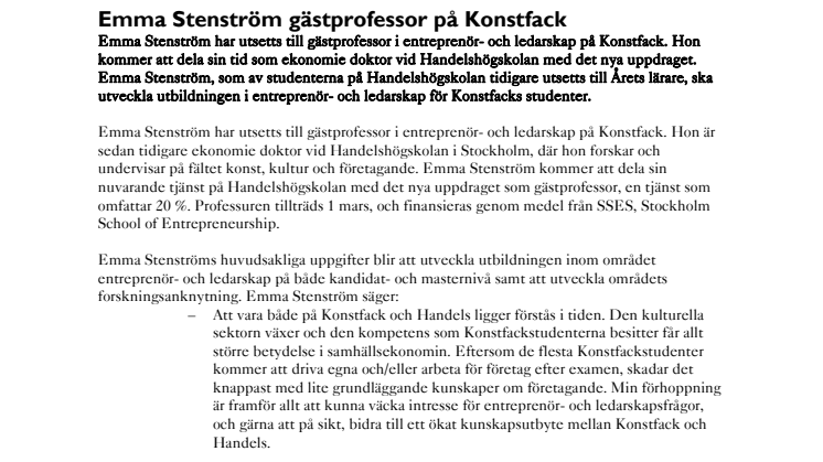 Emma Stenström gästprofessor på Konstfack
