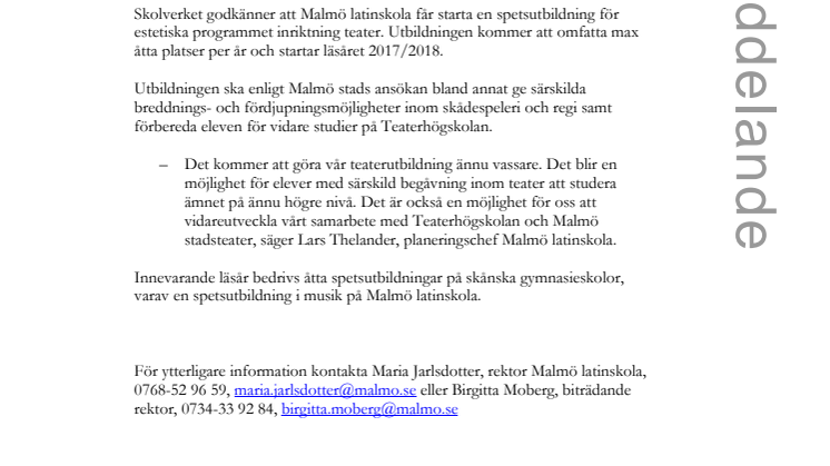 Malmö latinskola får spetsutbildning i teater