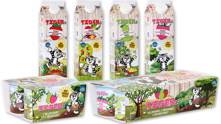 Tigers barnyoghurt - hela sortimentet har nu fått lägre sockerinnehåll och en ny lekfull design.