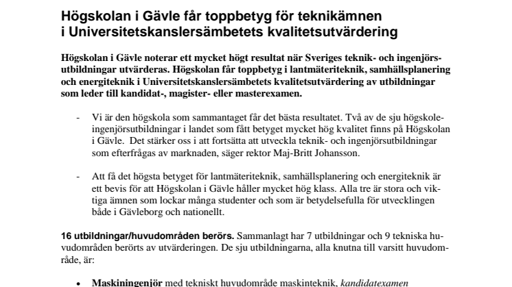 Högskolan i Gävle får toppbetyg för teknikämnen i Universitetskanslersämbetets kvalitetsutvärdering