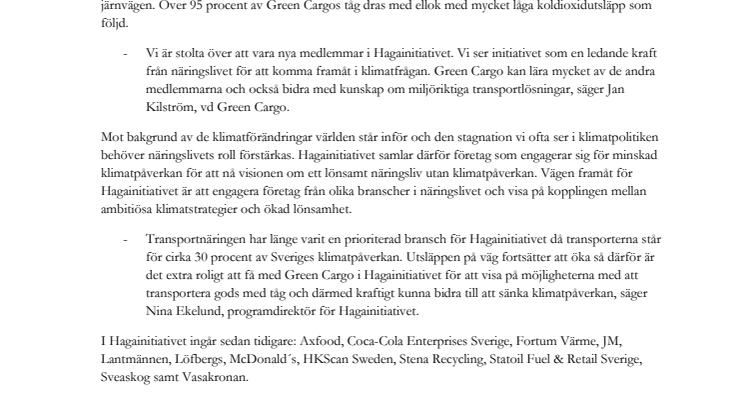 Green Cargo blir ny medlem i Hagainitiativet