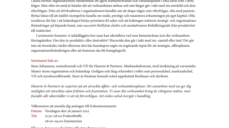 Seminarium den 26 och 31 januari: Företagskultur och varumärke - Trender och förändringsledning