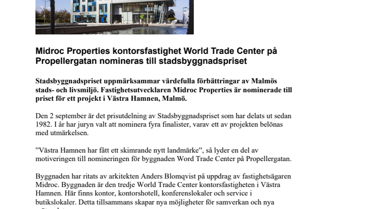 Midroc Properties kontorsfastighet World Trade Center på Propellergatan nomineras till stadsbyggnadspriset