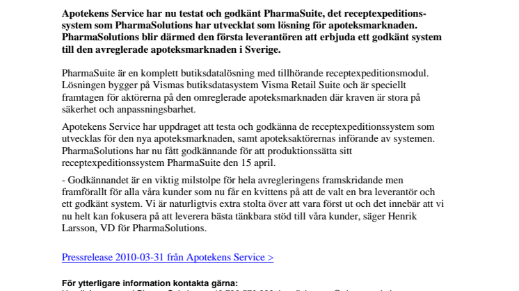 PharmaSolutions receptexpeditionssystem för nya apoteksmarknaden godkänt