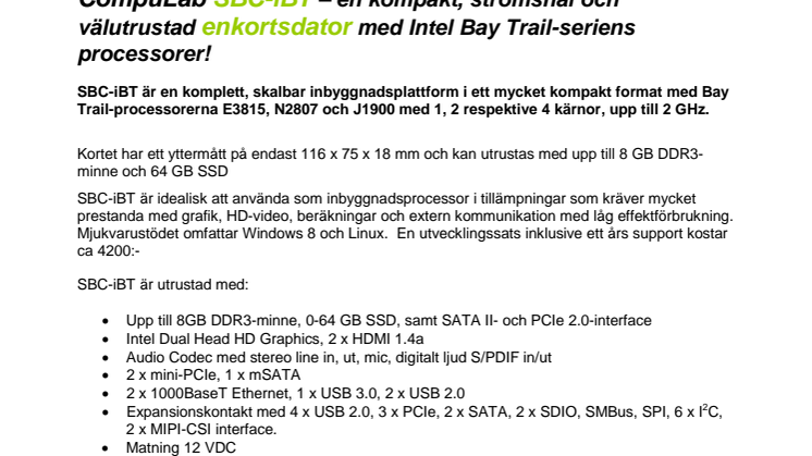 SBC-iBT - En kompakt, strömsnål och välutrustad enkortsdator 