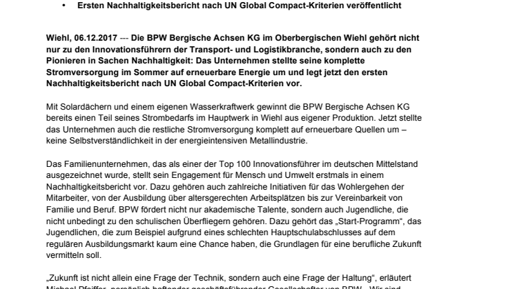 BPW schaltet um auf 100 Prozent Ökostrom und legt ersten Nachhaltigkeitsbericht vor