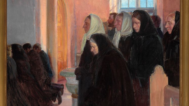 Anna Ancher- "Altergang i Skagens Kirke". 1899. Signeret. Olie på lærred. 62 x 81 cm. Vurdering- 600.000-800.000 kr.