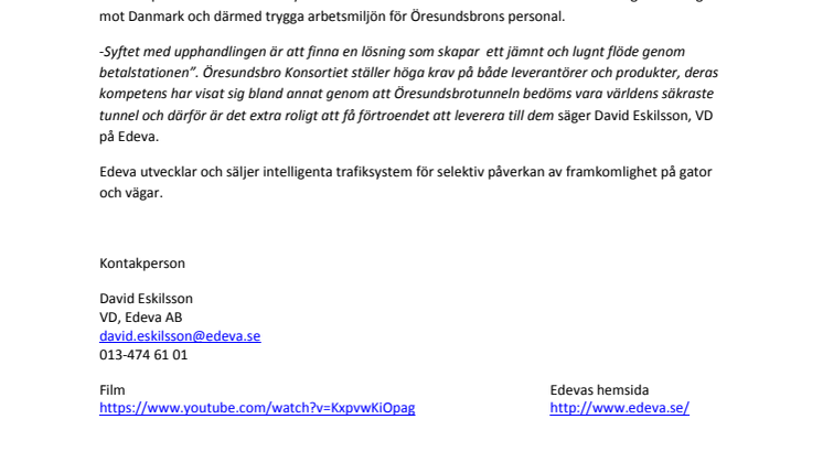 Edeva levererar trafiksäkerhetssystemet Actibump till Öresundsbron 