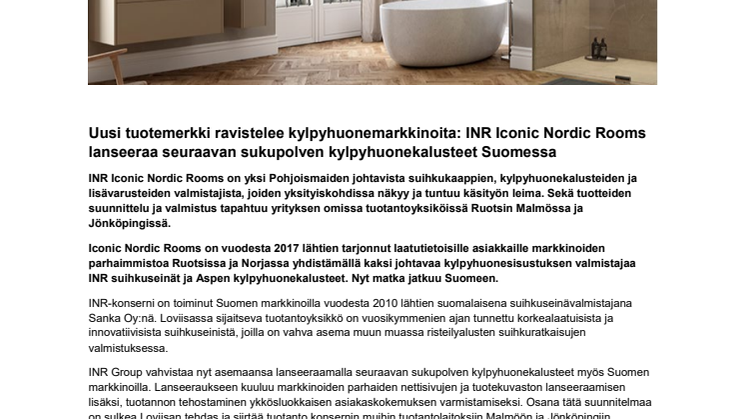 Uusi tuotemerkki ravistelee kylpyhuonemarkkinoita: INR Iconic Nordic Rooms lanseeraa seuraavan sukupolven kylpyhuonekalusteet Suomessa