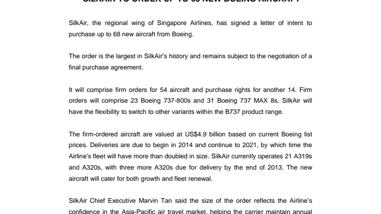 SilkAir to Order Up to 68 New Boeing Aircraft