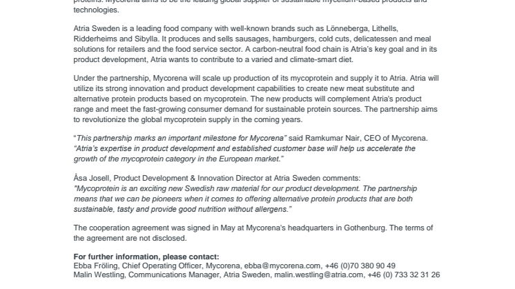 Mycorena and Atria Form Partnership for Sustainable Food 