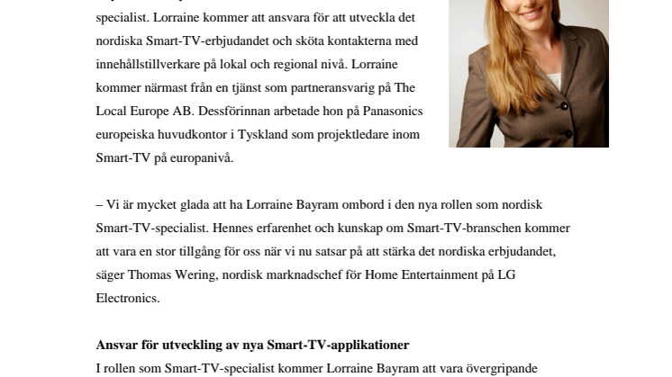 LORRAINE BAYRAM BLIR NORDISK SMART-TV-SPECIALIST PÅ LG ELECTRONICS