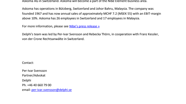 Delphi advisor to Nibe Industrier AB (publ) on the acquisition of Askoma AG in Switzerland