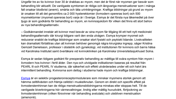 Esmya® godkänt av EMA för behandling av myom
