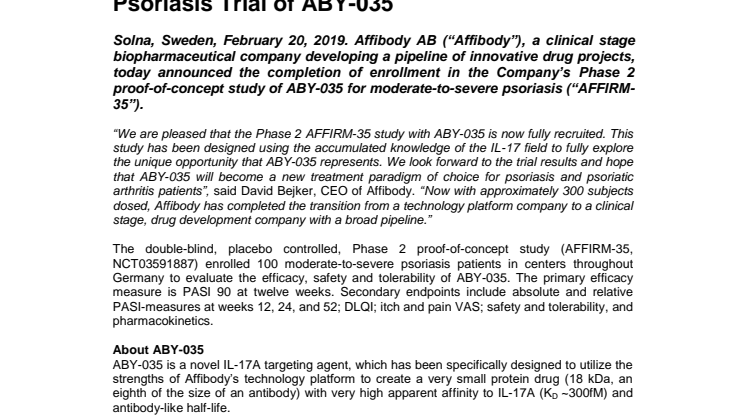 Affibody Completes Enrollment in Phase 2 Psoriasis Trial of ABY-035