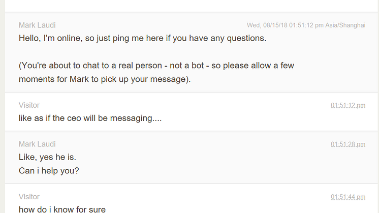 Screen shot of the record of the conversation (contact details and IP address scrubbed from the image)