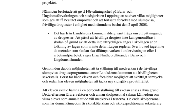 Landskrona fortsätter slumpvisa frivilliga drogtester efter nämndsbeslut