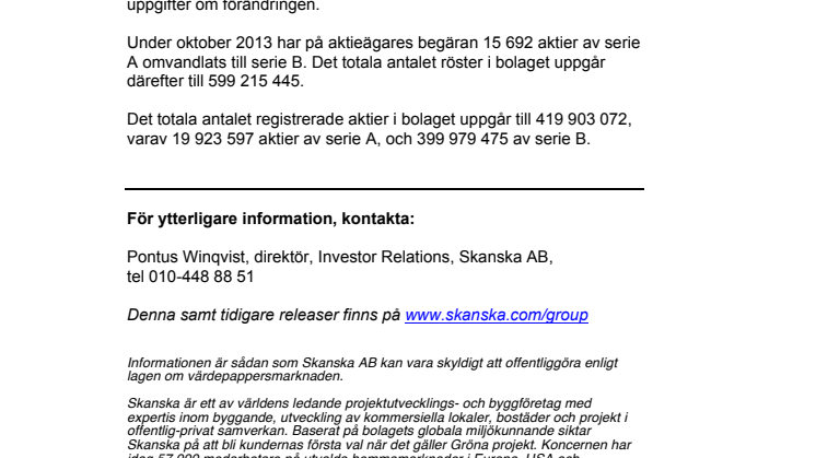Omvandling av aktier i Skanska AB