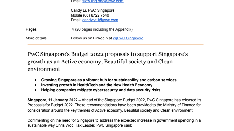PwC SG’s Budget 2022 proposals to support Singapore’s growth as an Active economy, Beautiful society and Clean Environemnt