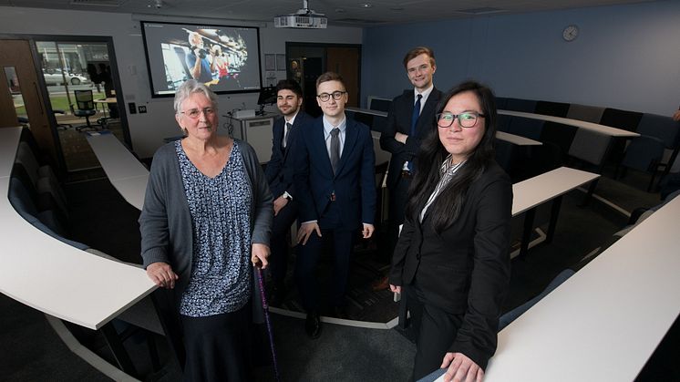 Elders Council Chair Anne Raffle, with students l-r Jakub Vana, Jakub Slachta, Ben Inman and Yen Hoa Tranova.