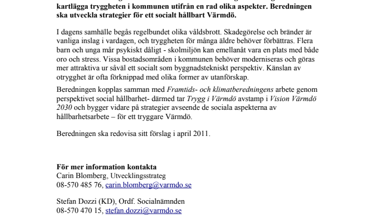 Trygg i Värmdö - fullmäktigeberedning inrättas 