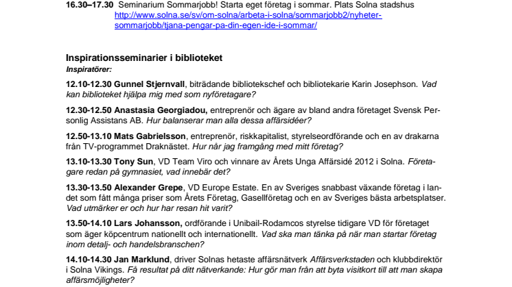 Uppdaterat program Start-Up Stockholms Länsturné 2013 i Solna Centrum
