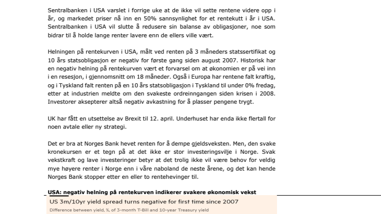 Makrorapport mars 2019: Norges Bank varsler 3 rentehevinger mens rentekurven inverteres i USA