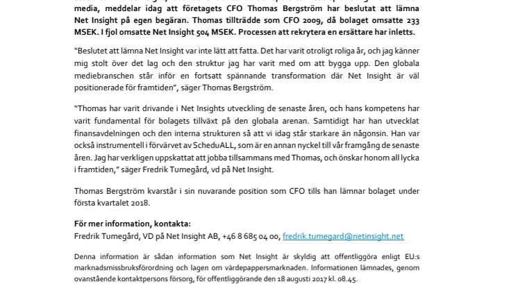 CFO Thomas Bergström lämnar Net Insight