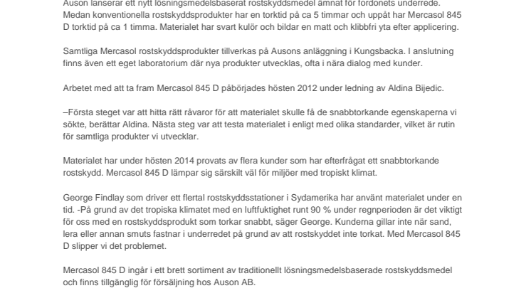 Nytt snabbtorkande rostskyddsmedel från Auson