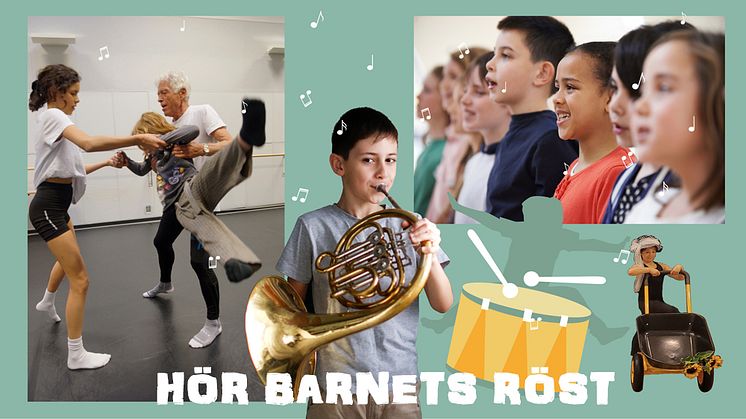 Hundratrettio barn musiker och artister på scen.