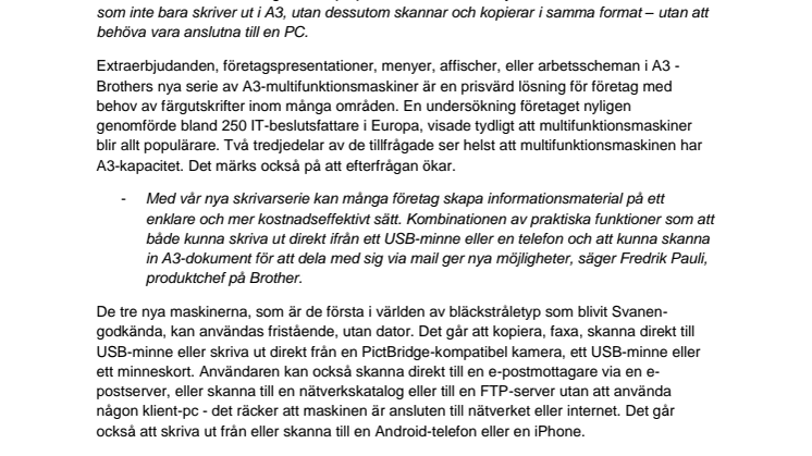 Proffsigt informationsmaterial i A3 med nya Svanenmärkta multifunktionsmaskiner från Brother