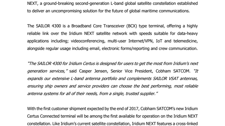 Cobham SATCOM (Nor-Shipping): Cobham Unveils First SAILOR Terminal for Iridium Certus(SM) 