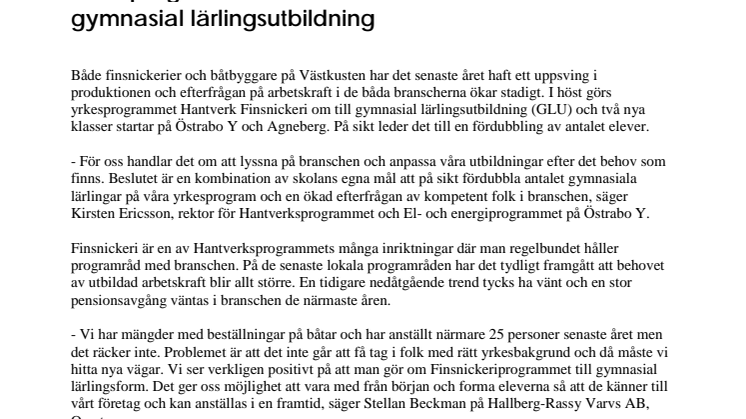 Yrkesprogrammet Hantverk Finsnickeri blir gymnasial lärlingsutbildning 