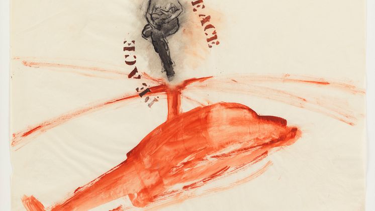 Nancy Spero, P.E.A.C.E., Helicopter, Mother + Children, 1968. Gouache och tusch på papper, 60,1 x 92,7 cm © The Nancy Spero and Leon Golub Foundation for the Arts / Licensed by VAGA at Artists Rights Society (BUS), NY