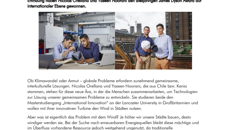 Urbane Windkraftanlage gewinnt den prestigeträchtigen internationalen James Dyson Award