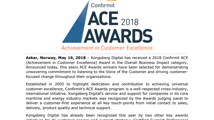 Kongsberg Digital wins ACE Award for maritime and energy industry customer service