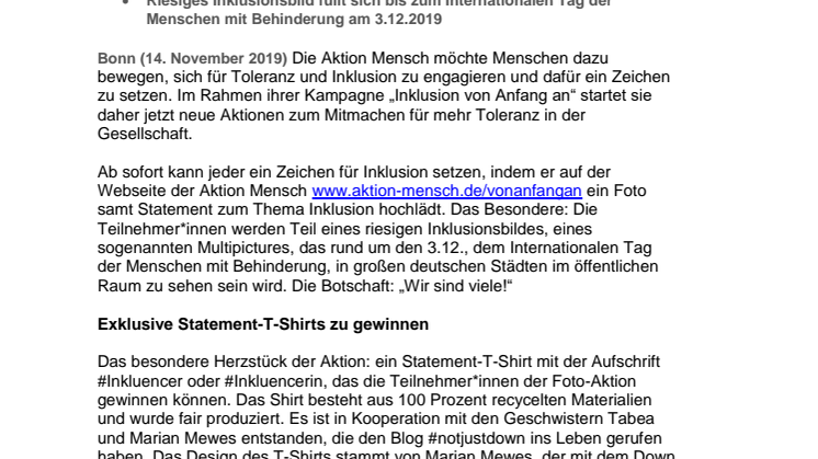 „Setze ein Zeichen für Toleranz: Werde #Inkluencer“ - Aktion Mensch ruft zu Engagement für Inklusion auf 