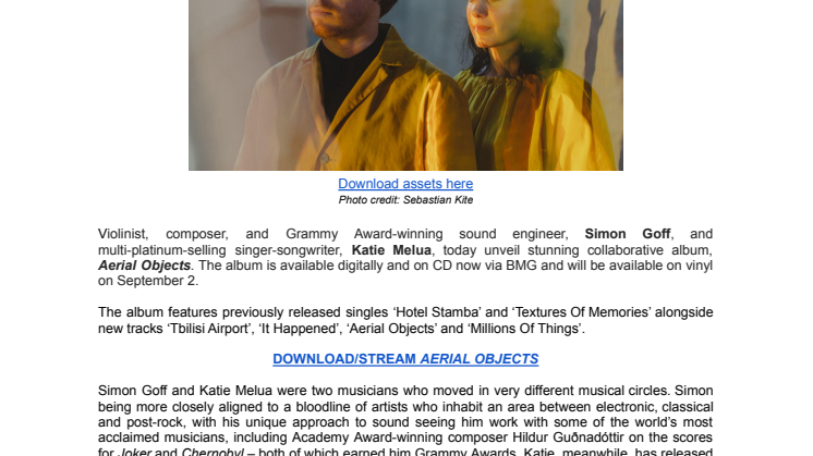 Katie Melua & Simon Goff - "Aerial Objects" (engelsk pressrelease)