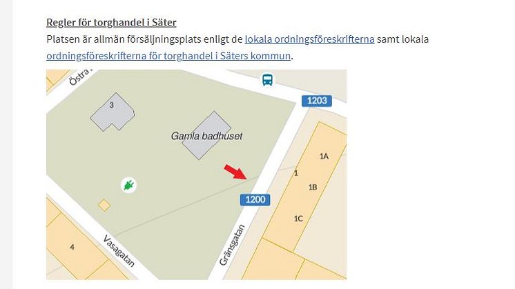 Karta över Salutorget/Gränsgatan där torghandelsplatserna finns.