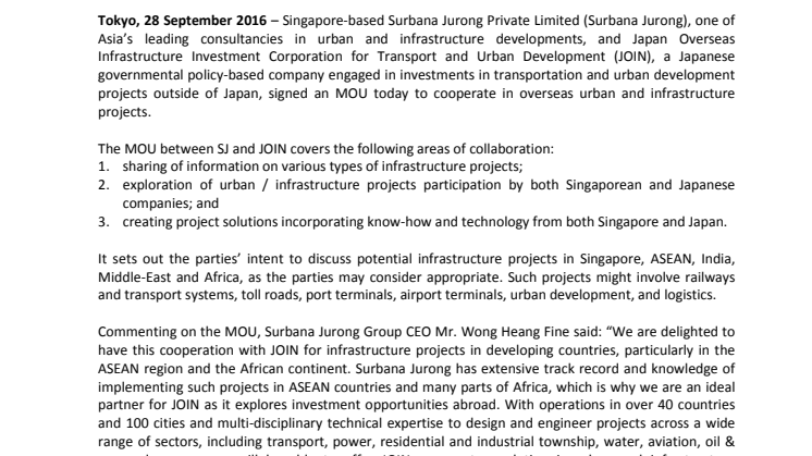 Surbana Jurong & Japan Overseas Infrastructure Investment Corporation for Transport & Urban Development (JOIN) to cooperate in overseas urban & infrastructure projects