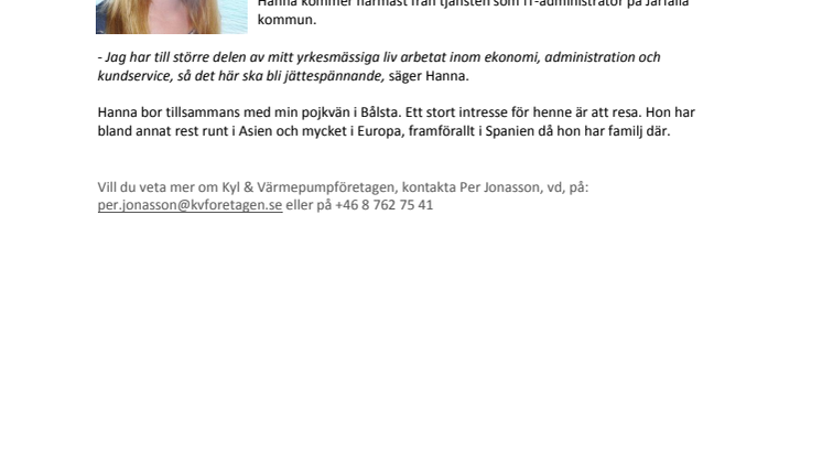 Hanna Nyborg förstärker Kyl & Värmepumpföretagens kontor
